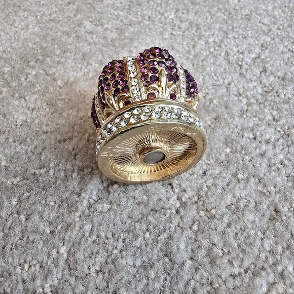 Rhinestone Crown Trinket Box Purple Crystal Gold Tone Jewelry Holder Royal - Picture 5 of 14